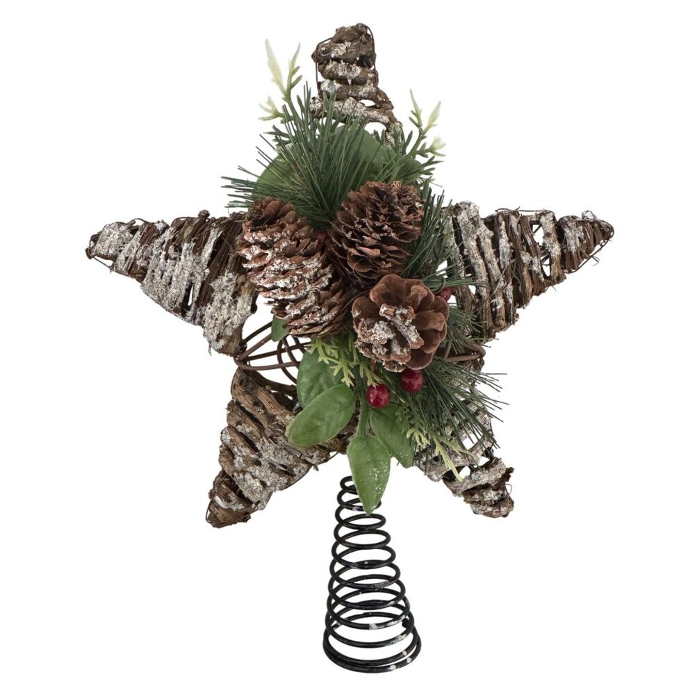 Wicker Star Christmas Tree Topper With Pinecones & Faux Greenery - 10" Tall Rust